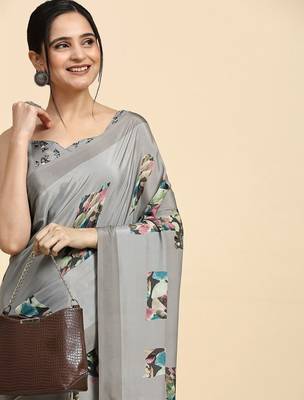 Grey printed satin fashion saree with blouse piece 4