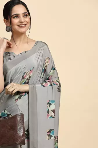 Grey printed satin fashion saree with blouse piece