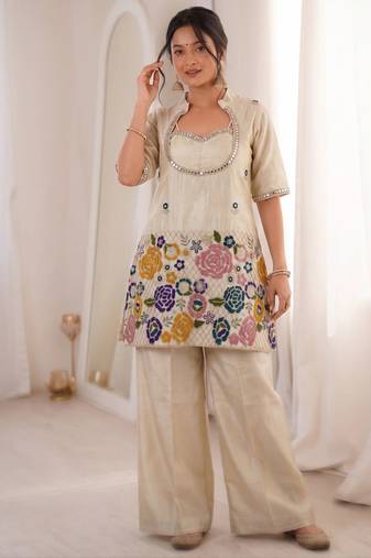 Cream chinnon silk kurta palazzo set with beads embroidery