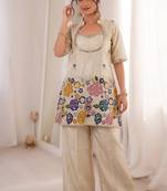 Cream chinnon silk kurta palazzo set with beads embroidery