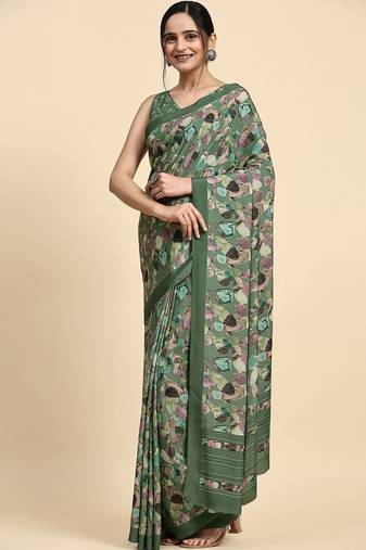 Green printed satin fashion saree with blouse piece