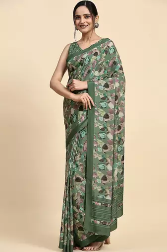 Green printed satin fashion saree with blouse piece