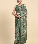 Green printed satin fashion saree with blouse piece