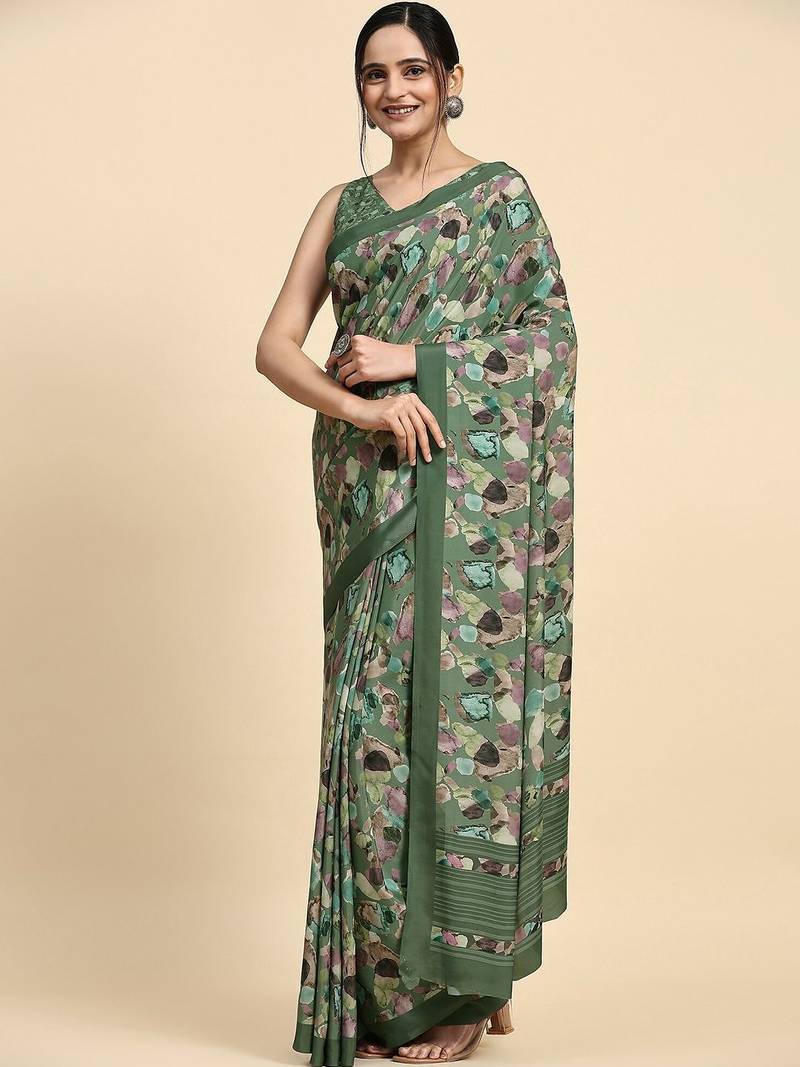 Green printed satin fashion saree with blouse piece