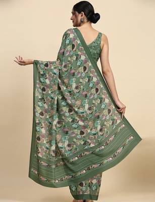 Green printed satin fashion saree with blouse piece 2