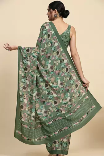 Green printed satin fashion saree with blouse piece