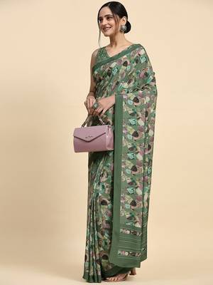 Green printed satin fashion saree with blouse piece 3