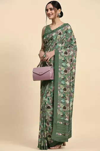 Green printed satin fashion saree with blouse piece