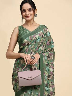 Green printed satin fashion saree with blouse piece 4
