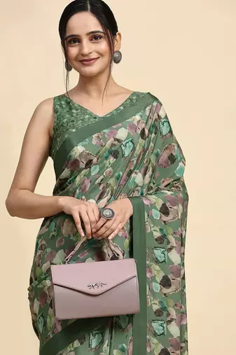 Green printed satin fashion saree with blouse piece