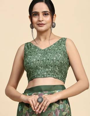 Green printed satin fashion saree with blouse piece 5
