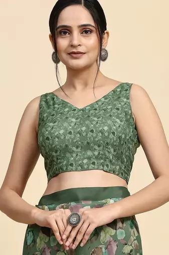 Green printed satin fashion saree with blouse piece