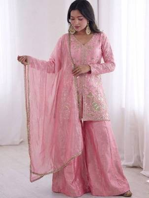 Pink fendy satin embroidered kurta palazzo set with dupatta 2