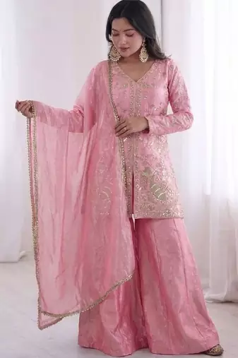 Pink fendy satin embroidered kurta palazzo set with dupatta