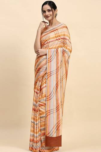 Orange printed satin fashion saree with blouse piece