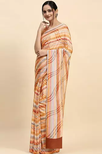 Orange printed satin fashion saree with blouse piece