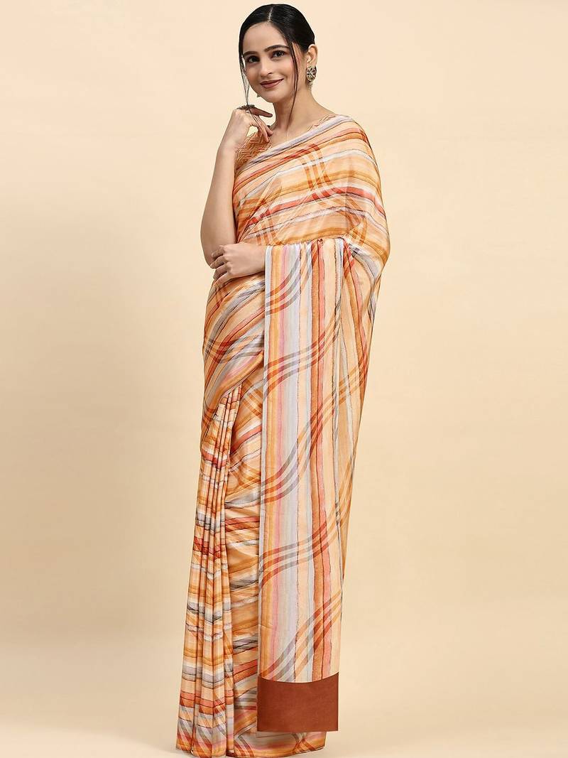 Orange printed satin fashion saree with blouse piece