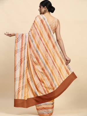 Orange printed satin fashion saree with blouse piece 2