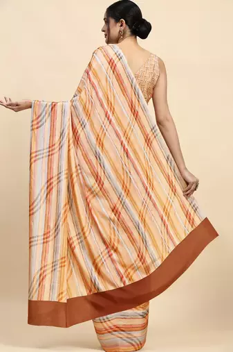 Orange printed satin fashion saree with blouse piece
