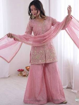 Pink fendy satin embroidered kurta palazzo set with dupatta 3