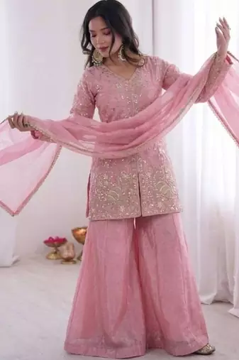 Pink fendy satin embroidered kurta palazzo set with dupatta