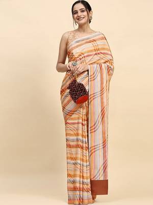 Orange printed satin fashion saree with blouse piece 3