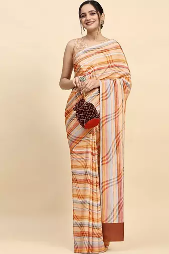 Orange printed satin fashion saree with blouse piece