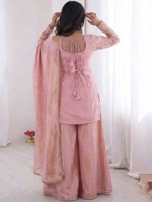 Pink fendy satin embroidered kurta palazzo set with dupatta 4
