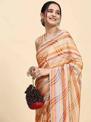 Orange printed satin fashion saree with blouse piece 4