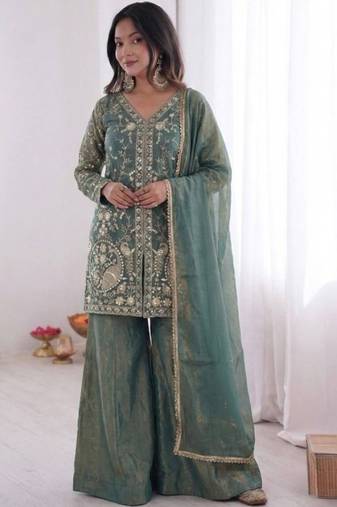Sea green fendy satin embroidered kurta palazzo set with dupatta