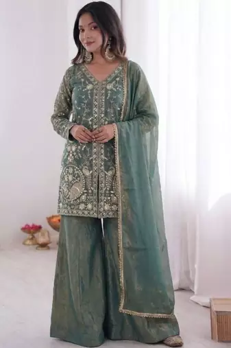 Sea green fendy satin embroidered kurta palazzo set with dupatta