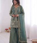 Sea green fendy satin embroidered kurta palazzo set with dupatta