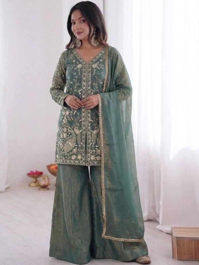 Sea green fendy satin embroidered kurta palazzo set with dupatta