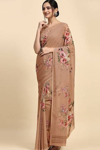 Coffee brown printed satin fashion saree with blouse piece