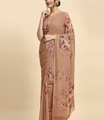 Coffee brown printed satin fashion saree with blouse piece
