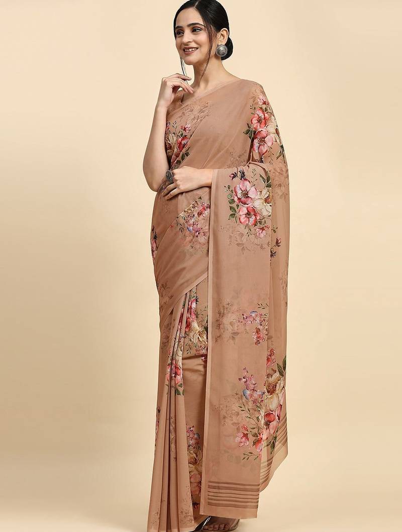 Coffee brown printed satin fashion saree with blouse piece