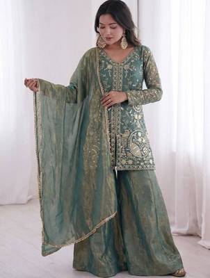 Sea green fendy satin embroidered kurta palazzo set with dupatta 2