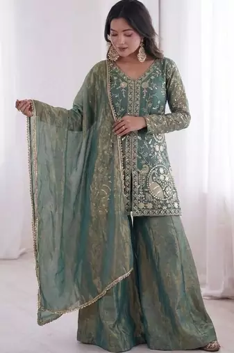 Sea green fendy satin embroidered kurta palazzo set with dupatta