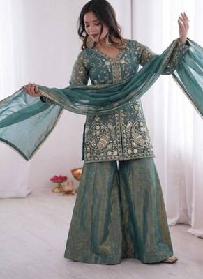 Sea green fendy satin embroidered kurta palazzo set with dupatta 3