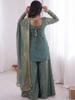 Sea green fendy satin embroidered kurta palazzo set with dupatta 4