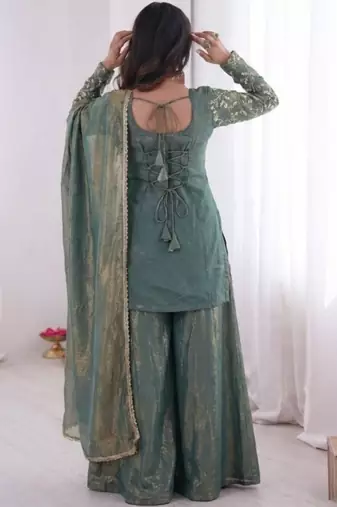 Sea green fendy satin embroidered kurta palazzo set with dupatta