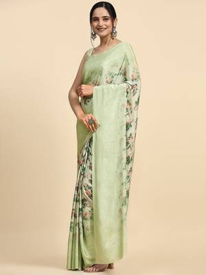 Green printed satin fashion saree with blouse piece 1