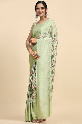 Green printed satin fashion saree with blouse piece