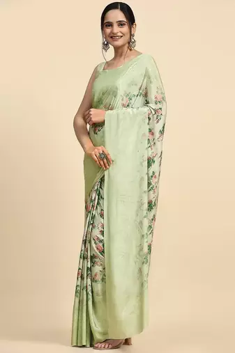 Green printed satin fashion saree with blouse piece