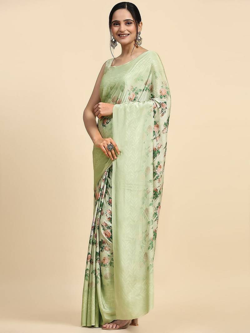 Green printed satin fashion saree with blouse piece