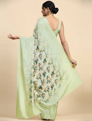 Green printed satin fashion saree with blouse piece 2