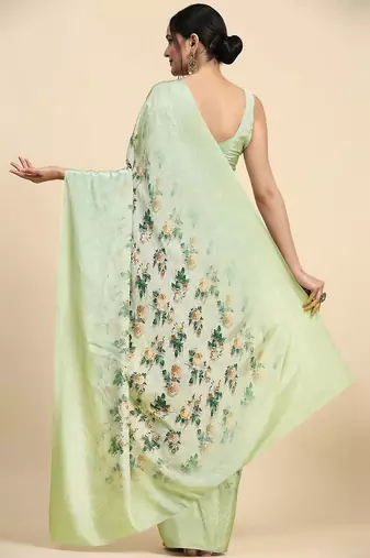 Green printed satin fashion saree with blouse piece