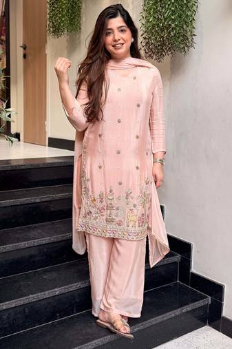 Peach crepe embroidered kurta palazzo set with nazmin dupatta