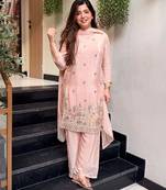 Peach crepe embroidered kurta palazzo set with nazmin dupatta