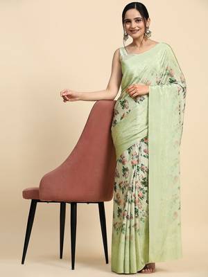 Green printed satin fashion saree with blouse piece 3